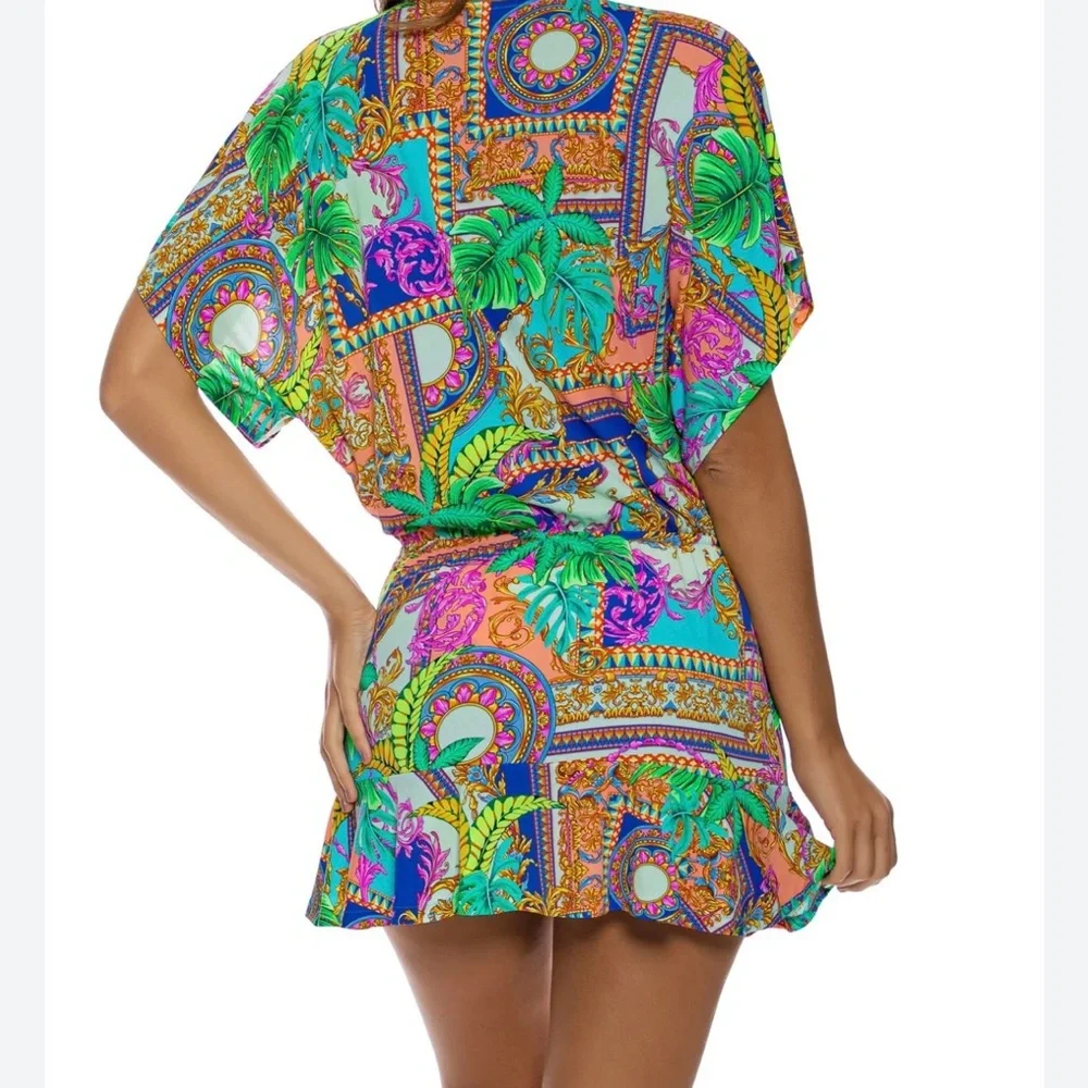 NWT Lulu Fama -Orange and Green Plunge Neck Flutter Sleeve Sundress - Picture 3 of 9